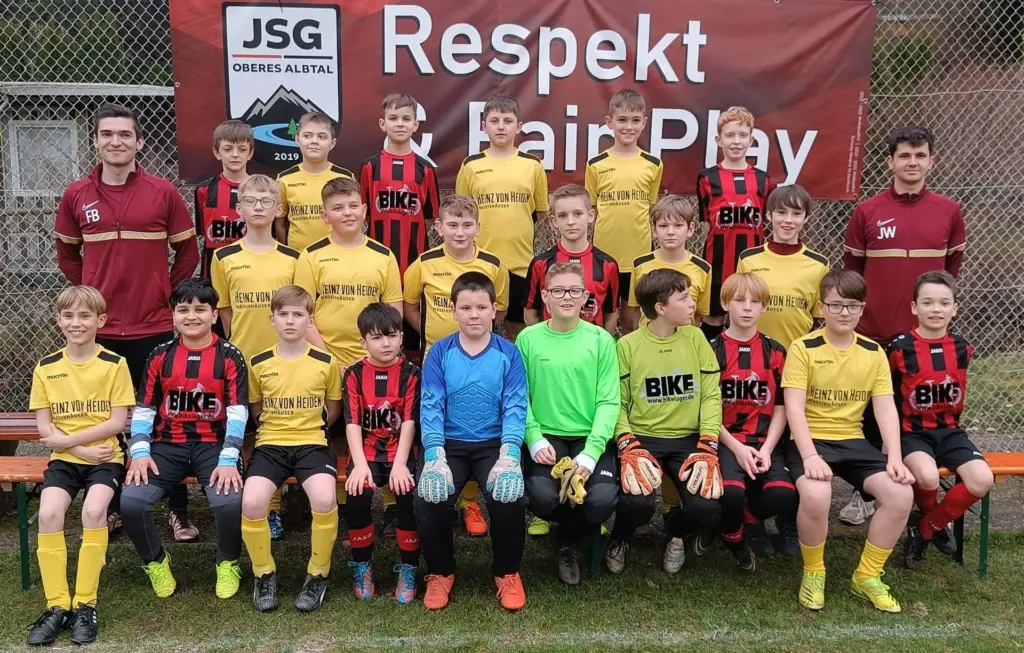 E-Jugend Mannschaftsfoto auf Bierbänken und Banner im Hintergrund